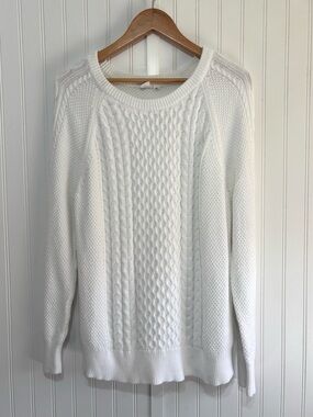 GAP Cable Knit White Chunky Crewneck Sweater 100% Cotton Size XL Fisherman